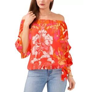 Vince Camuto Womens Floral Print Off The Shoulder Bubble Sleeve Tie Front Blouse